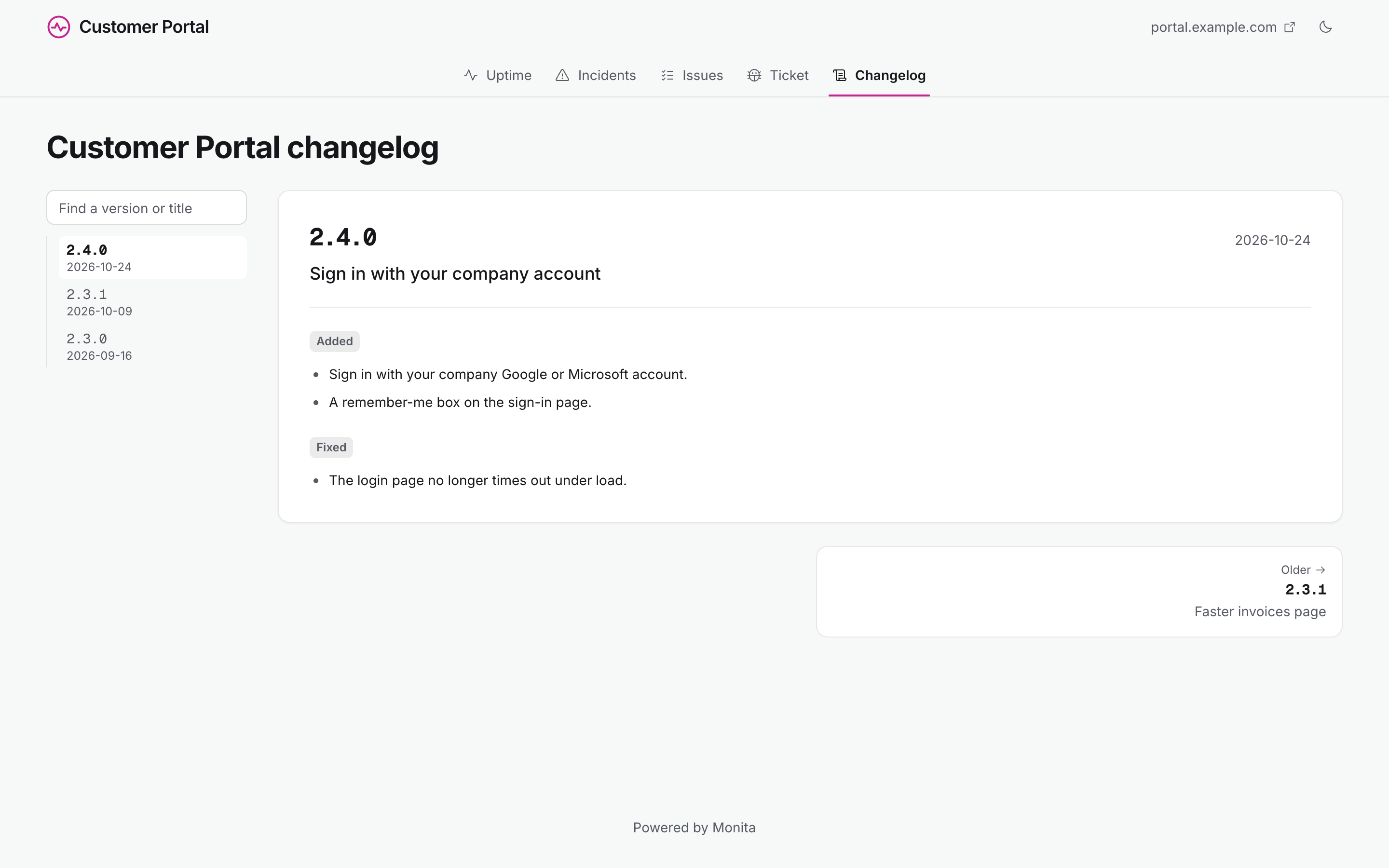 The Changelog tab of a status page with a project's latest release and its changes