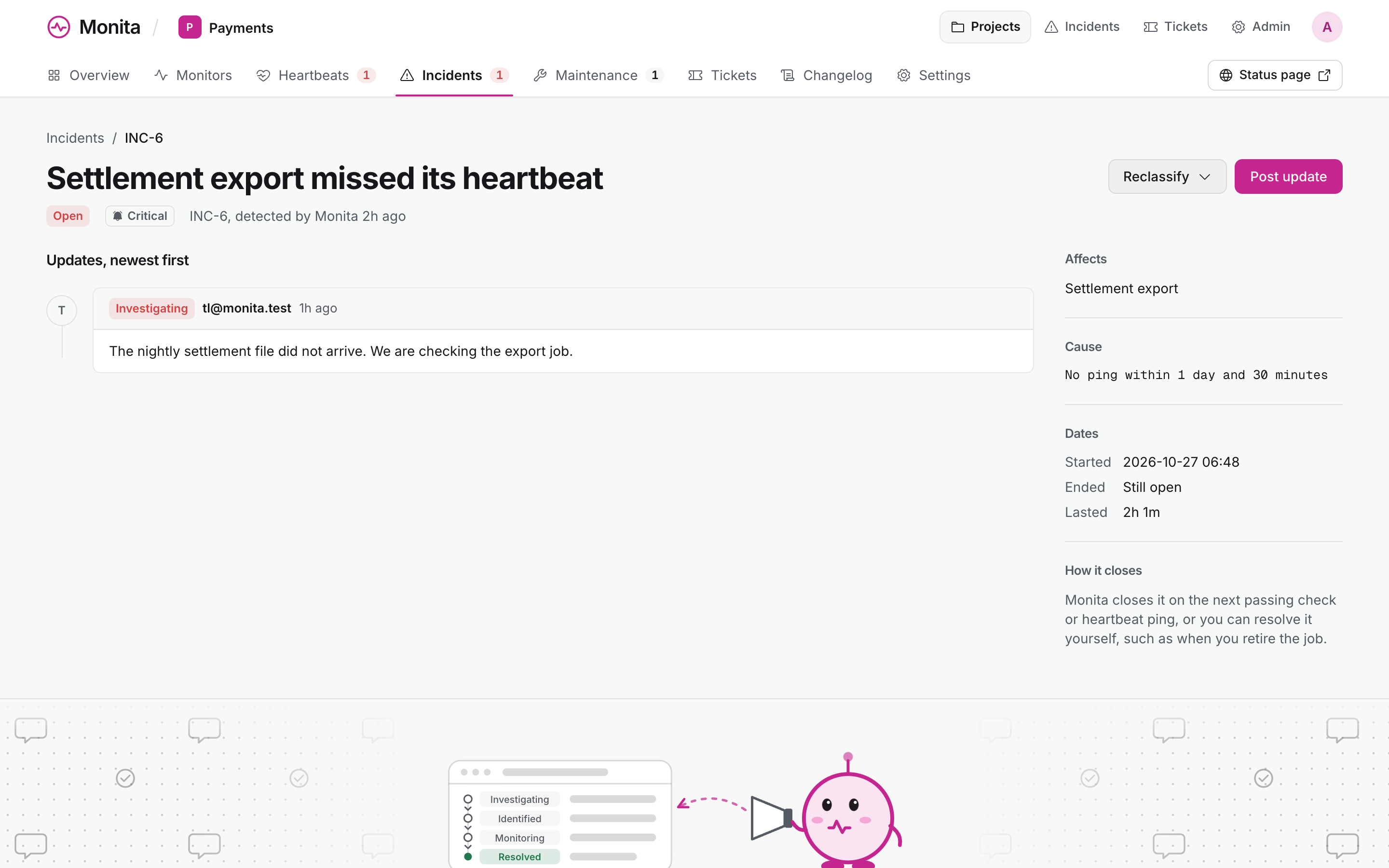 An open incident with its cause, timeline and status updates