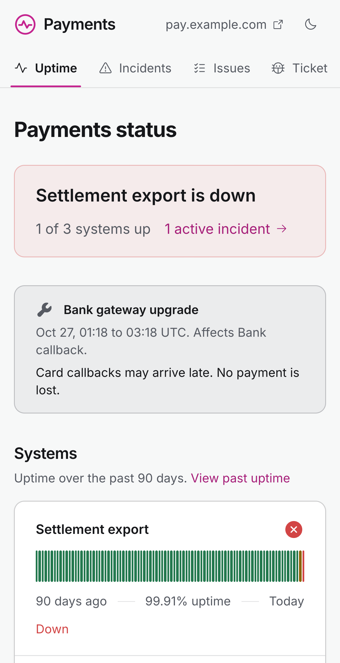 What users see on a phone: the Payments status page says Settlement export is down, with 90 days of uptime for each system